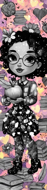 Free teacher bookmark featuring a gray-faced teacher holding an apple
